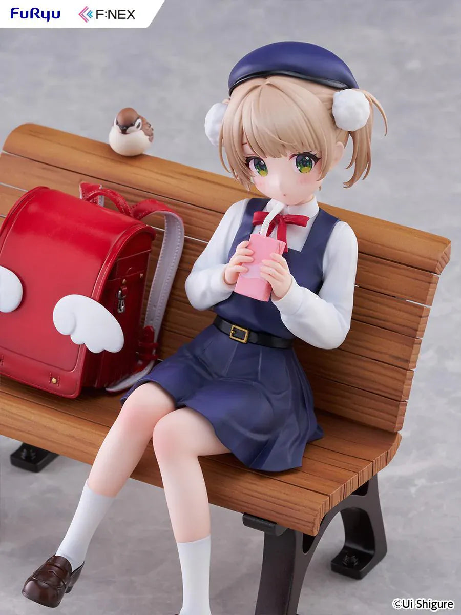 Ui Shigure Ui Shigure 9 Years Old 1/7 Scale Figure seated on a park bench with school bag, drink, and bird companion