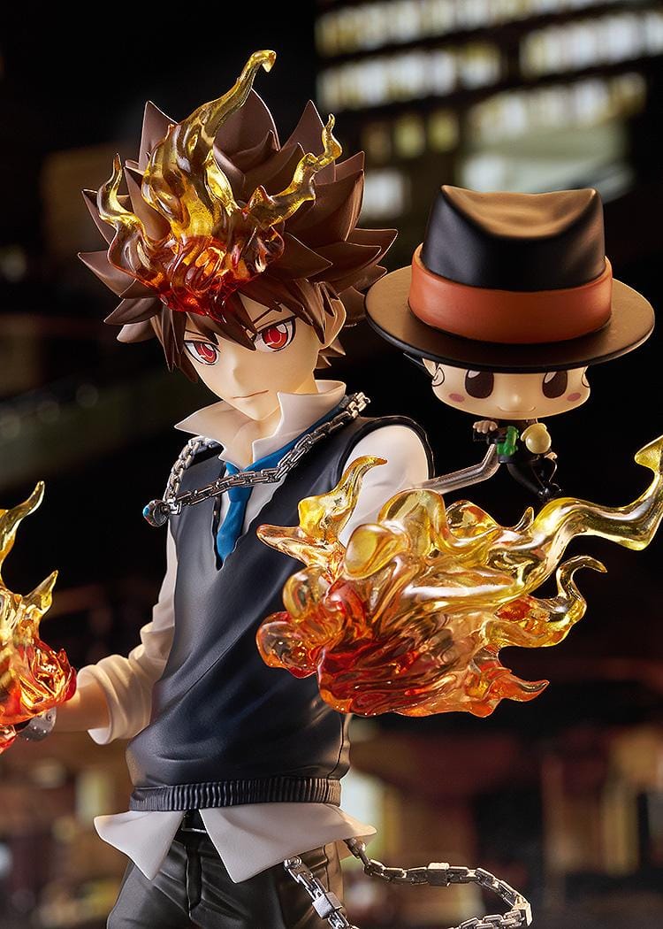 REBORN! POP UP PARADE SP Tsunayoshi Sawada and Reborn Figure featuring Tsuna with flame effects, chain accents, battle-ready pose, and Reborn beside him.