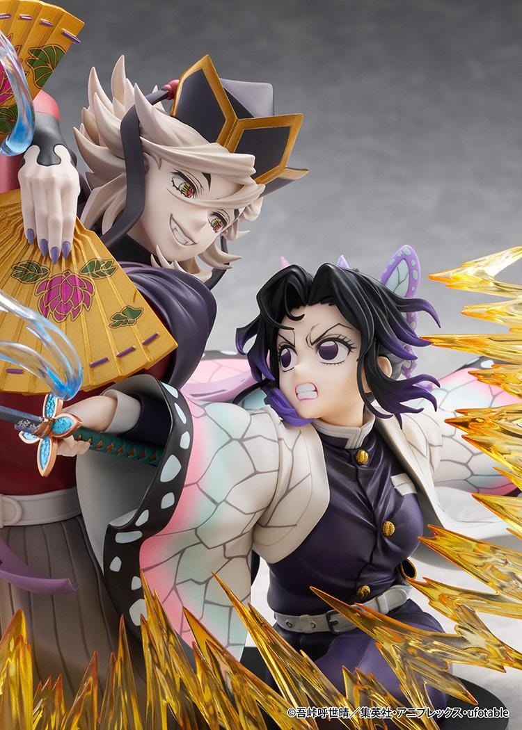 Demon Slayer Kimetsu no Yaiba Shinobu Kocho and Doma Non-Scale Figure with battle pose, translucent attack effects, fan accessory, and display base