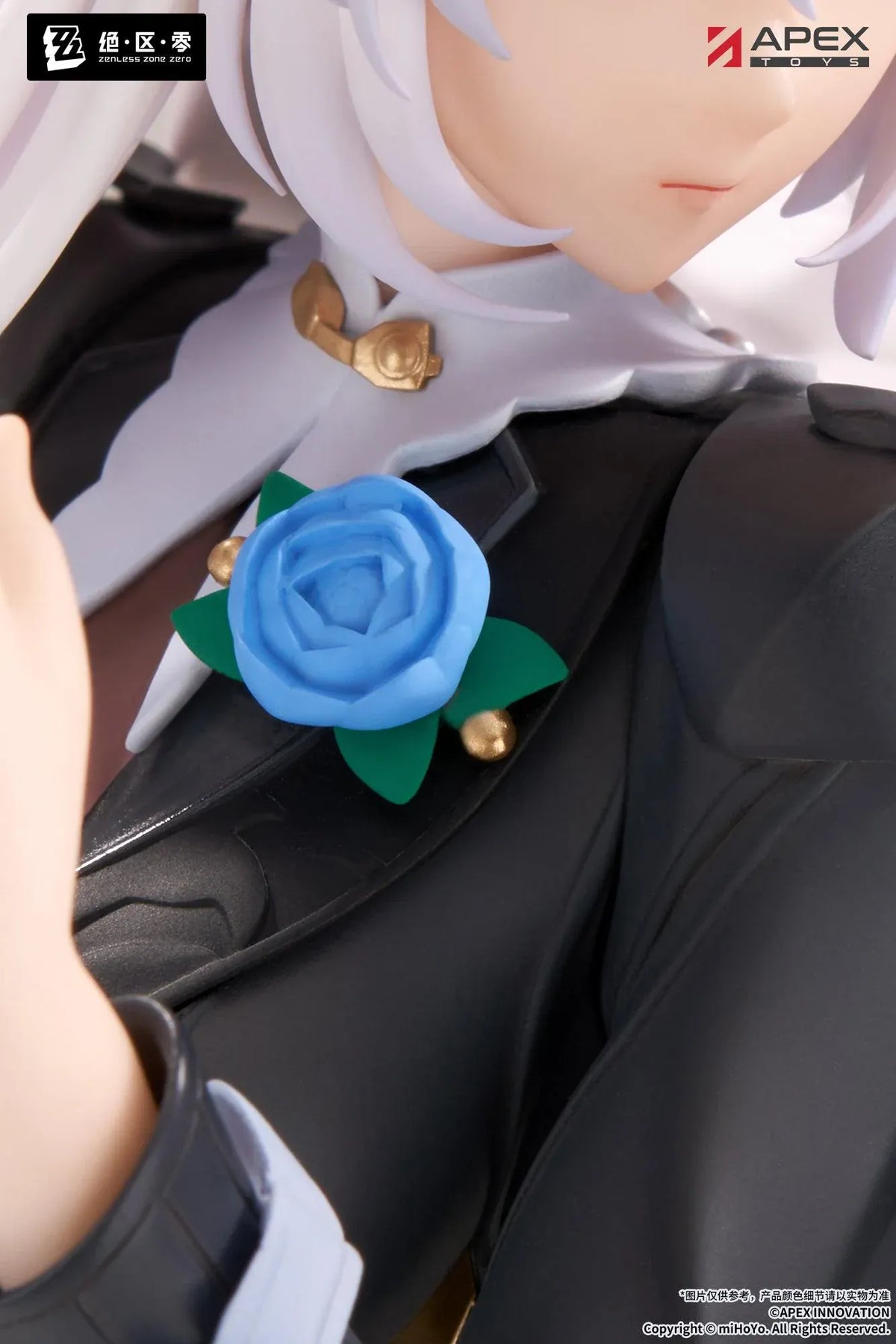 Zenless Zone Zero Limepie Yixuan Trails of Ink Ver. 1/8 Scale Figure by APEX Toys featuring a white-haired anime woman with golden eyes wearing a black outfit with white embroidered accents, sheer stockings, and black heels while holding a small brown bird on a circular display base.