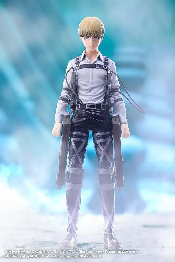 Armin Arlert The Final Season Ver. Oshi Works figure with blond hair, a gray shirt, black harness straps, and equipment on a rectangular black base.