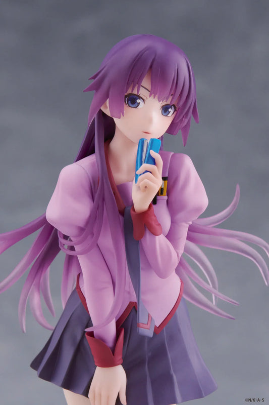 Monogatari Hitagi Senjougahara Coreful Figure featuring Hitagi in her purple school uniform with flowing purple hair and black knee-high stockings