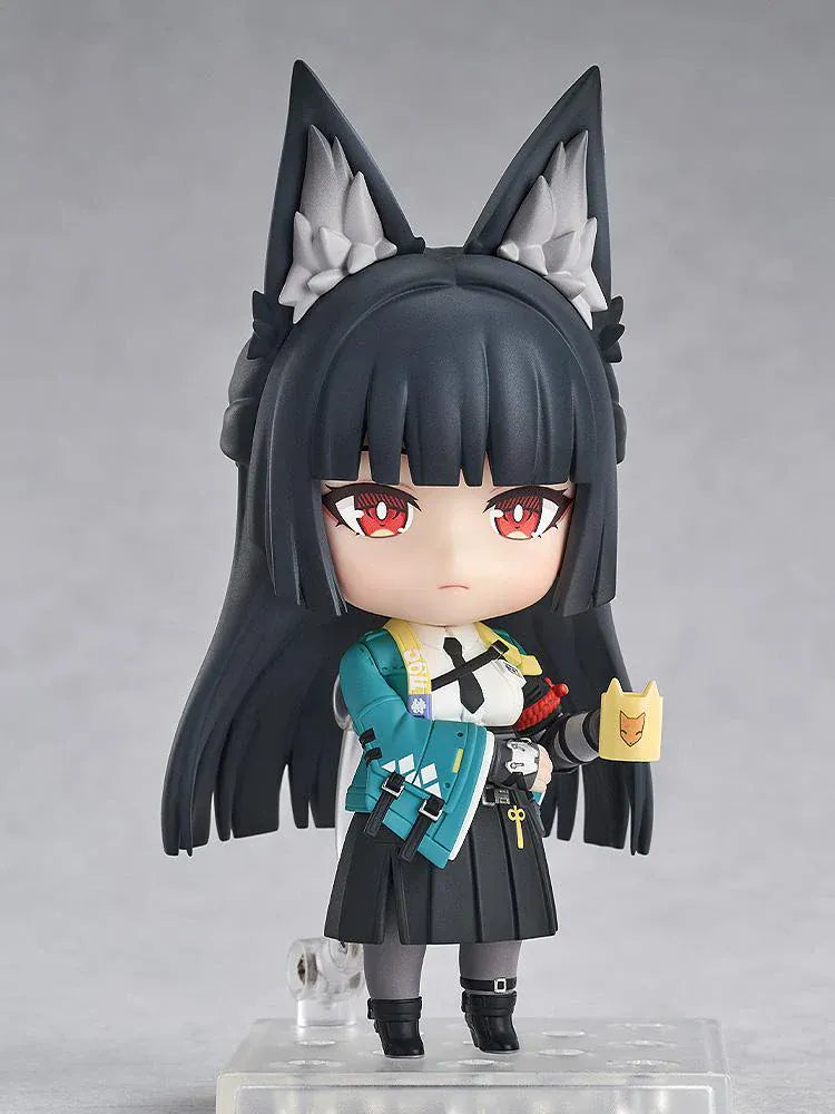 Nendoroid Miyabi Hoshimi with fox ears, black hair, katana, and blue spirit effect part.