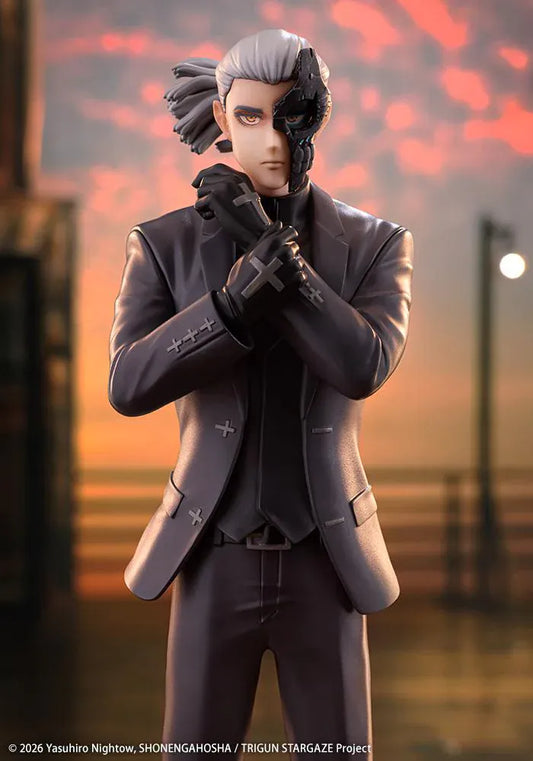 Trigun Stampede Oshi Works Livio the Double Fang Figure featuring Livio with silver hair, black suit, crossed-arm pose, stern expression, and display base.