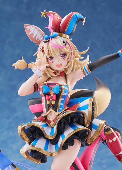 hololive production Omaru Polka 1/7 Scale Figure with jester outfit, fox ears, baton, colorful circus base, and dynamic pose