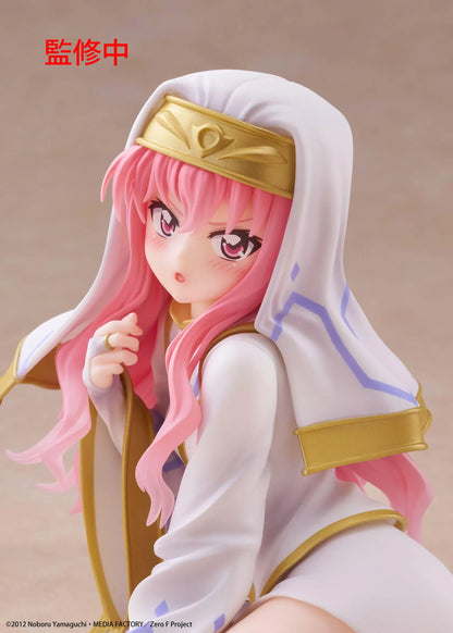 The Familiar of Zero Desktop Cute Louise Miko Outfit Ver. figure seated in a white-and-gold ceremonial outfit with long pink hair.