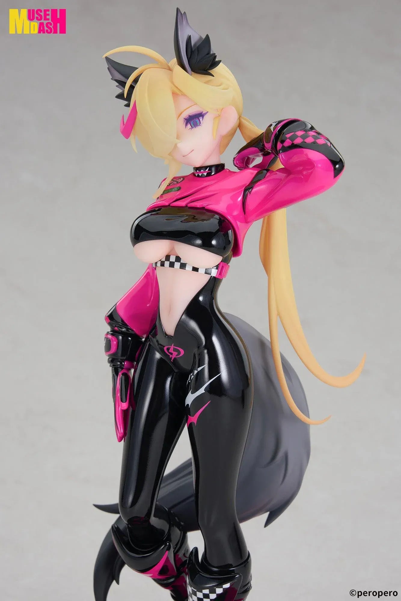 Muse Dash LIMEPIE Rin Racer 1/8 scale figure wearing a glossy black-and-pink racing outfit.