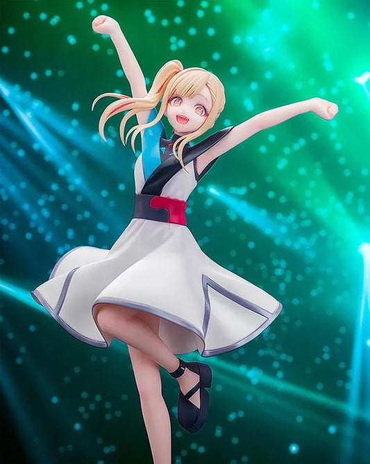 Kaguya Collaboration Concert Ver. figure with blonde hair, raised arms, a white dress with turquoise and black accents, and black ankle-strap shoes.