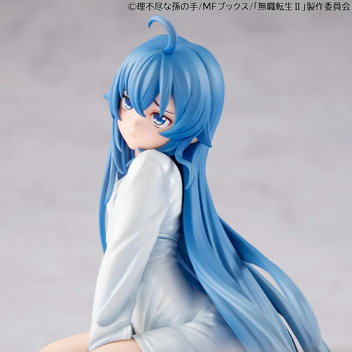 Mushoku Tensei Melty Princess Roxy Migurdia Peeping Ver. figure kneeling in oversized white shirt with long blue hair.