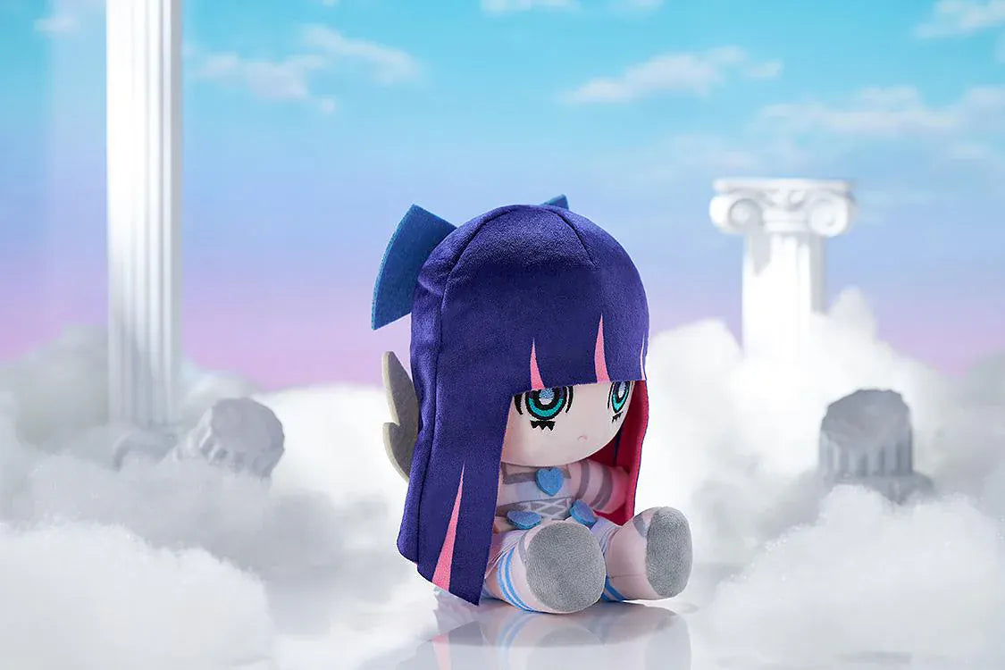 New PANTY & STOCKING with GARTERBELT Stocking Punipuni Plushie with purple hair, blue eyes, heart details, and seated chibi plush design