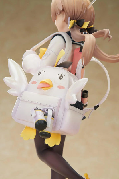 Blue Archive Hifumi figure smiling with one foot lifted, wearing a white cardigan and navy skirt, carrying a bird-themed bag and rifle on a yellow base.
