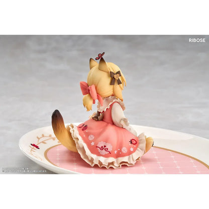 DLC Series Tea Time Cats Orange Cat Non Scale Figure by RIBOSE featuring an orange-haired cat girl with green eyes, a pink outfit, fluffy cat ears, and paw-shaped sleeves sitting beside a decorative pink teacup on a matching serving tray.