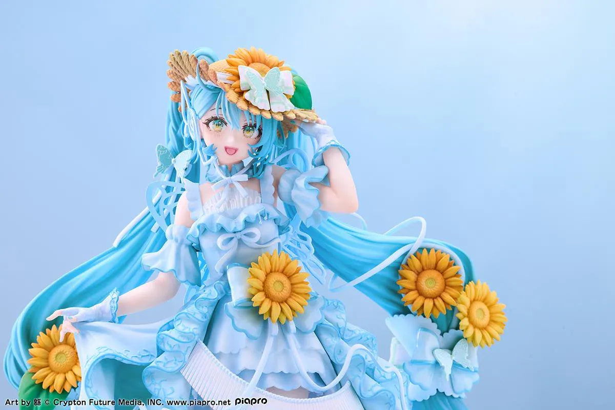 Vocaloid Hatsune Miku Magical Mirai 2026 Ver. 1/7 scale figure wearing a flowing blue dress decorated with sunflowers and elegant ribbons