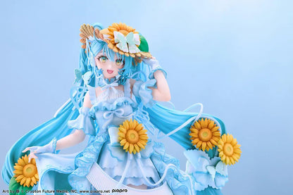 Vocaloid Hatsune Miku Magical Mirai 2026 Ver. 1/7 scale figure wearing a flowing blue dress decorated with sunflowers and elegant ribbons