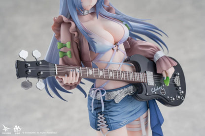 Girls' Frontline Klukai 10th Anniversary 1/6 scale figure with pale blue hair, a beret, brown jacket, blue skirt, and black bass guitar.