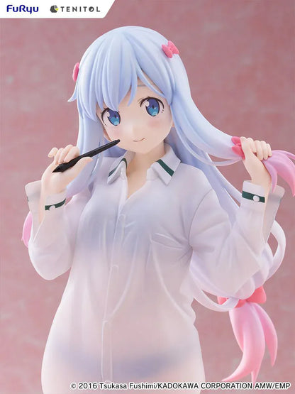 Eromanga Sensei Tenitol Tall Sagiri Izumi (Shirt Ver.) Figure by FuRyu, featuring Sagiri holding a pen while wearing a translucent oversized shirt and smiling softly.