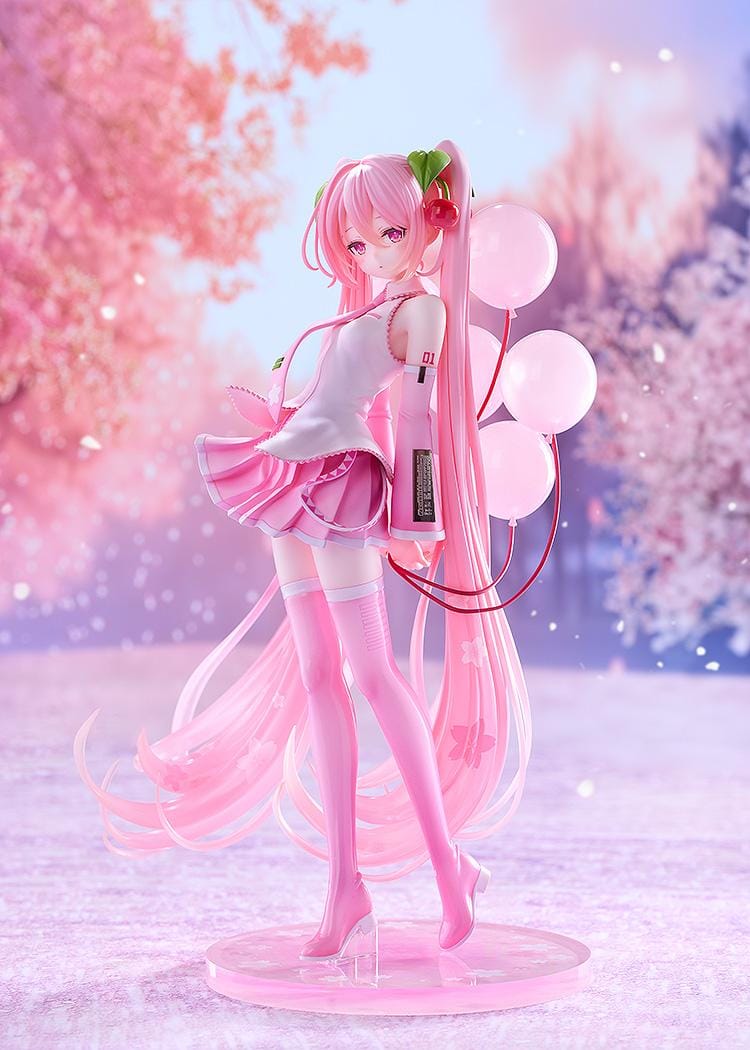 Sakura Miku figure with long pink twin-tails, cherry hair ornaments, a white and pink outfit, pink boots, and translucent balloons on a floral pink base.