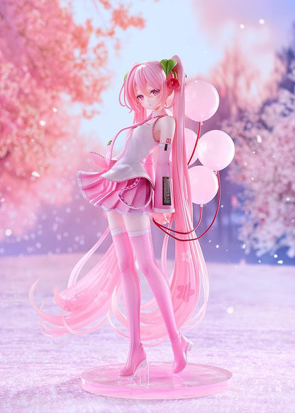 Sakura Miku figure with long pink twin-tails, cherry hair ornaments, a white and pink outfit, pink boots, and translucent balloons on a floral pink base.