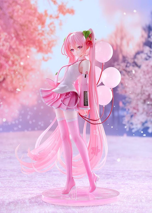 Sakura Miku figure with long pink twin-tails, cherry hair ornaments, a white and pink outfit, pink boots, and translucent balloons on a floral pink base.