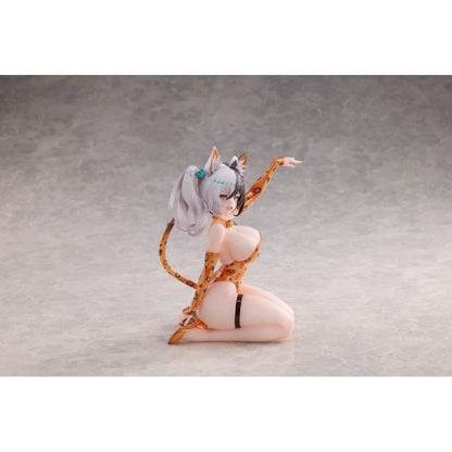 Astral Party Nancy Lu 1/6 Scale Figure featuring a black and white-haired anime girl with purple eyes wearing an orange leopard-print bodysuit, animal ears, and a spotted tail in a playful kneeling pose, accompanied by matching illustrated artwork.