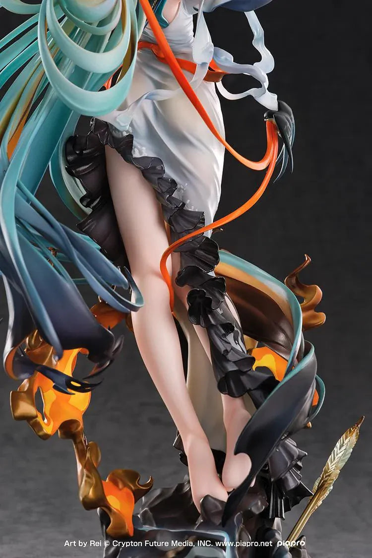 Hatsune Miku Shimian Maifu Ver. 1/7 scale figure featuring flowing turquoise hair, stringed instrument, orange ribbons, flame effects, and detailed fantasy outfit