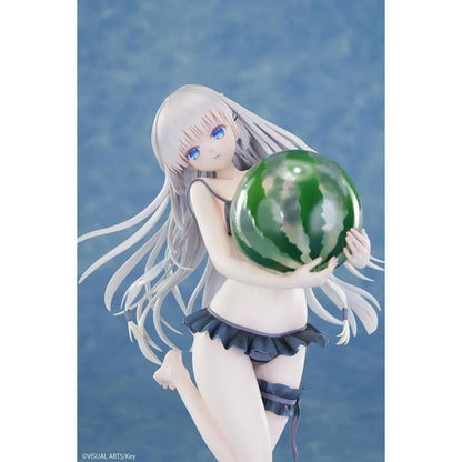 Summer Pockets REFLECTION BLUE Shiroha Naruse 1/6 scale figure wearing a black swimsuit and holding a watermelon on a beach-themed base.