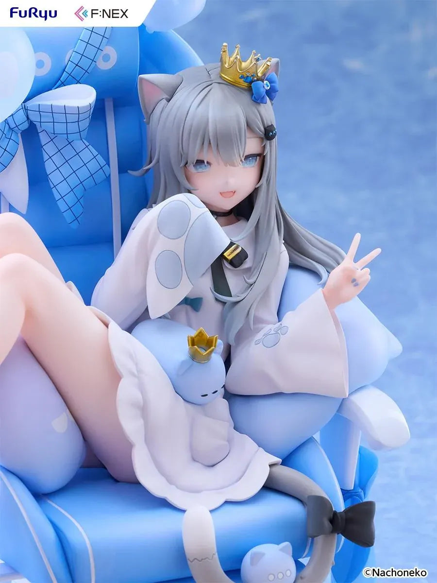 Nachoneko Birthday Ver. 1/7 Scale Figure by FuRyu F featuring a silver-haired cat girl with a golden crown relaxing in a blue gaming chair decorated with balloons, ribbons, and cat accessories.
