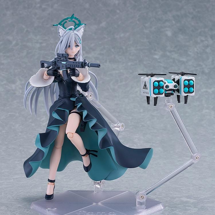 Blue Archive figma Shiroko Terror Figure with silver hair, wolf ears, halo, black outfit, flowing coat, and weapon accessory