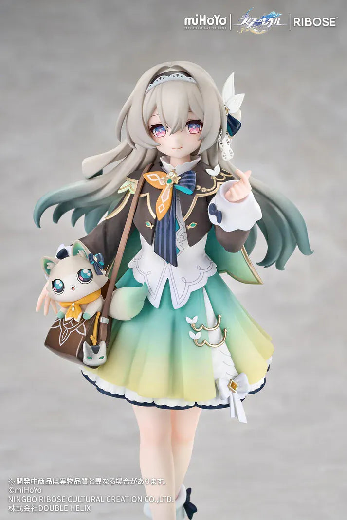 Honkai Star Rail Rise Up+ Chibi Cat Series Firefly Figure featuring Firefly in a cute chibi-style outfit with cat-themed display accents, colorful backdrop, and themed base.