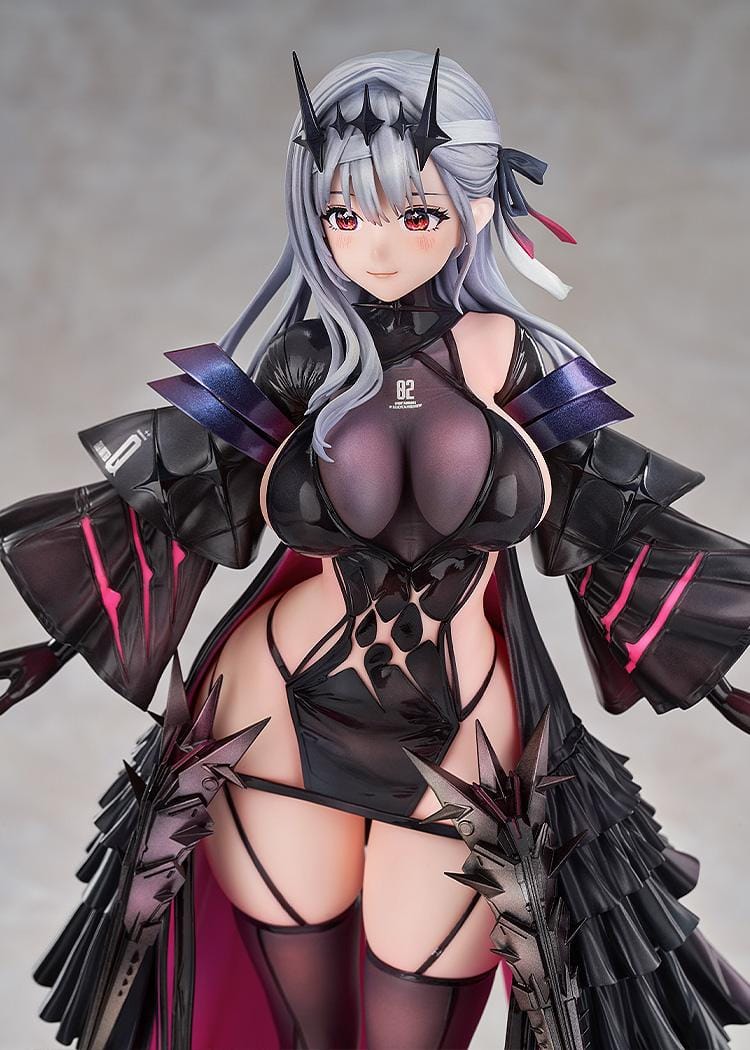 1/7 scale figure of Modernia from Goddess of Victory: Nikke in her Second Affection outfit, wearing a black coat with crimson lining and large mechanical wing units extending from her sides.
