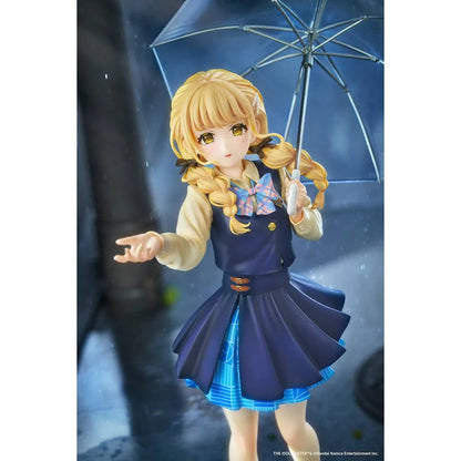 Gakuen iDOLM@STER Kotone Fujita Ameagari no Iris Before Special Training Ver. 1/7 Scale Figure featuring a blonde-haired anime girl with twin braids wearing a navy-blue school uniform and holding a transparent umbrella on a yellow display base.