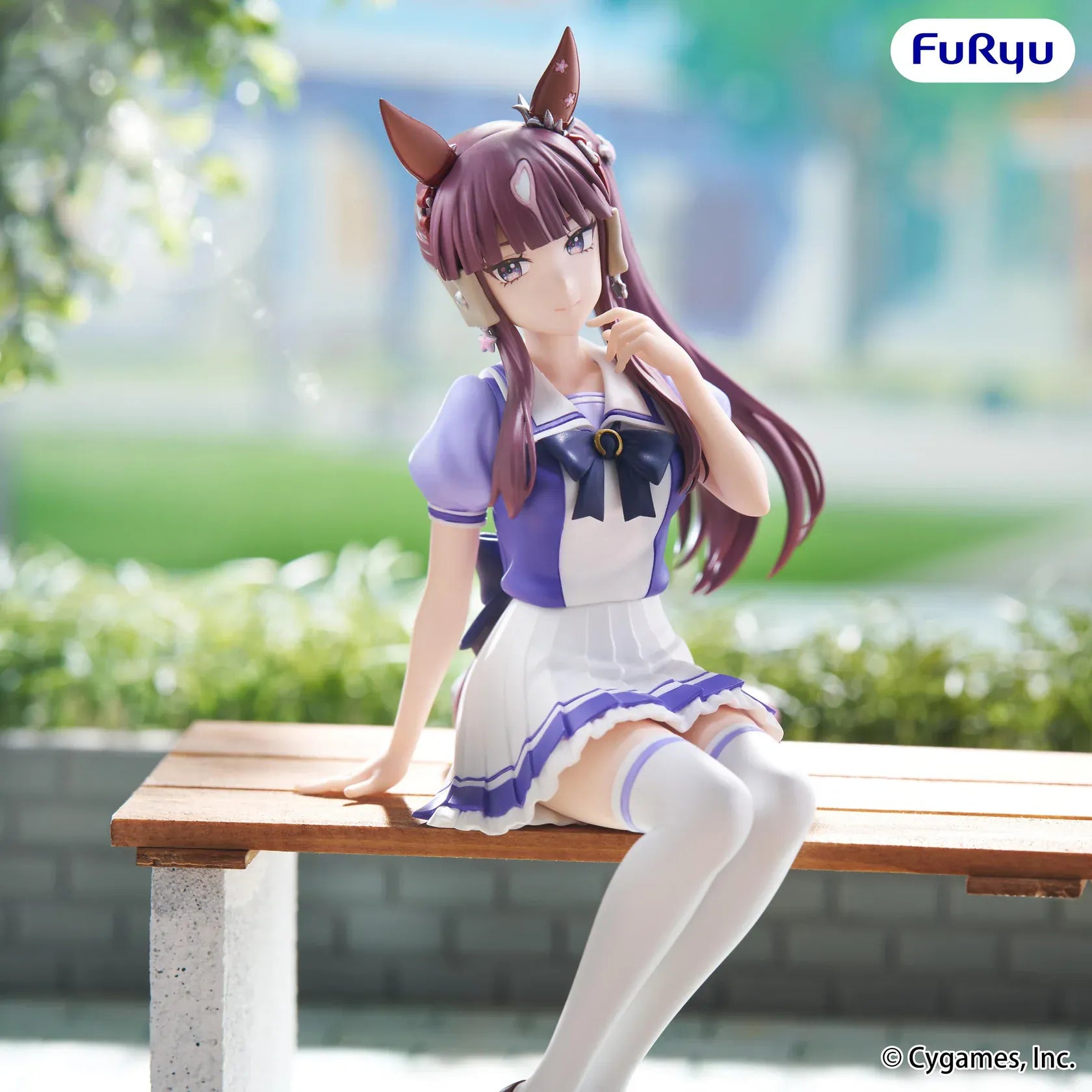 Uma Musume Pretty Derby Lucky Lilac Noodle Stopper Figure in a seated pose wearing her school uniform