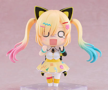 BanG Dream Nendoroid Arale Nakamachi Figure with blonde twin-tails, cat-ear accessories, colorful outfit, megaphone accessory, and chibi display base