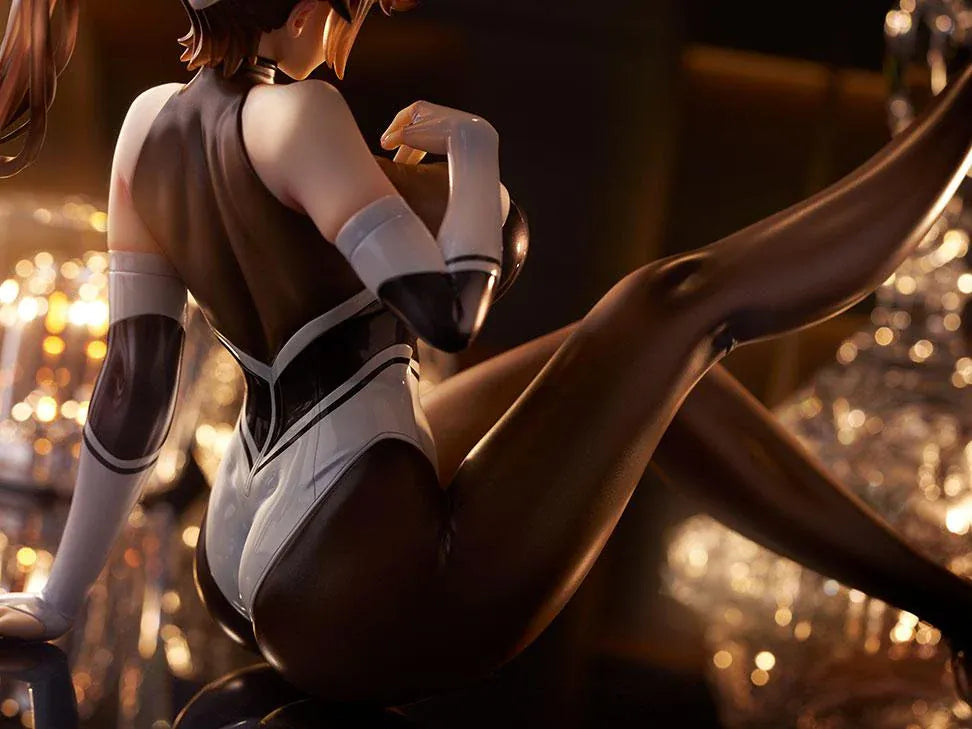 Azur Lane Takao Full Throttle Charmer figure seated with one leg raised, wearing a black and white outfit, dark stockings, and a white hair bow.