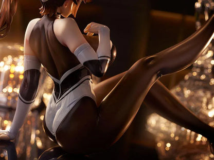 Azur Lane Takao Full Throttle Charmer figure seated with one leg raised, wearing a black and white outfit, dark stockings, and a white hair bow.