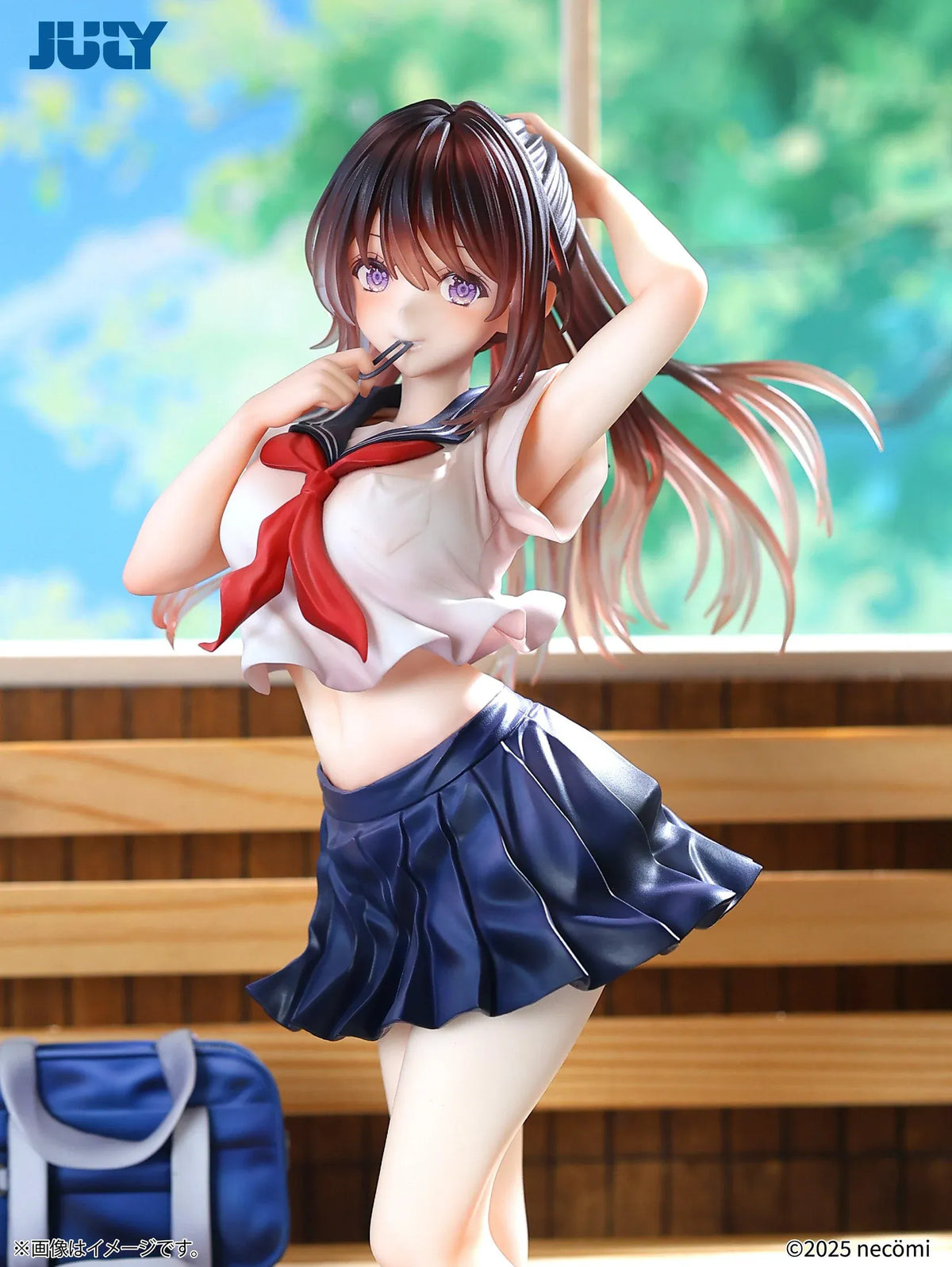 Summer Girl 1/6 Scale Figure featuring a brown-haired anime girl with purple eyes, a white sailor-style top, red necktie, navy-blue pleated skirt, and blue school bag.
