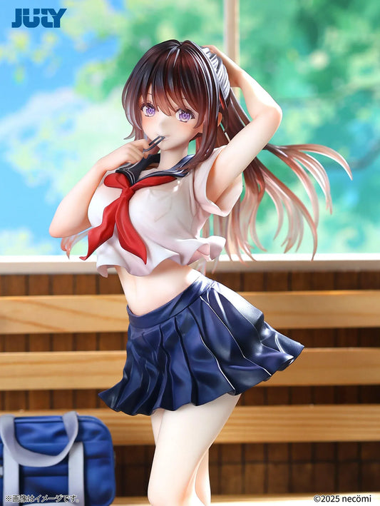 Summer Girl 1/6 Scale Figure featuring a brown-haired anime girl with purple eyes, a white sailor-style top, red necktie, navy-blue pleated skirt, and blue school bag.