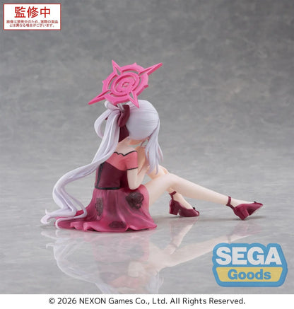 Blue Archive Yumemirize Mutsuki figure sitting in red dress with silver hair and playful expression