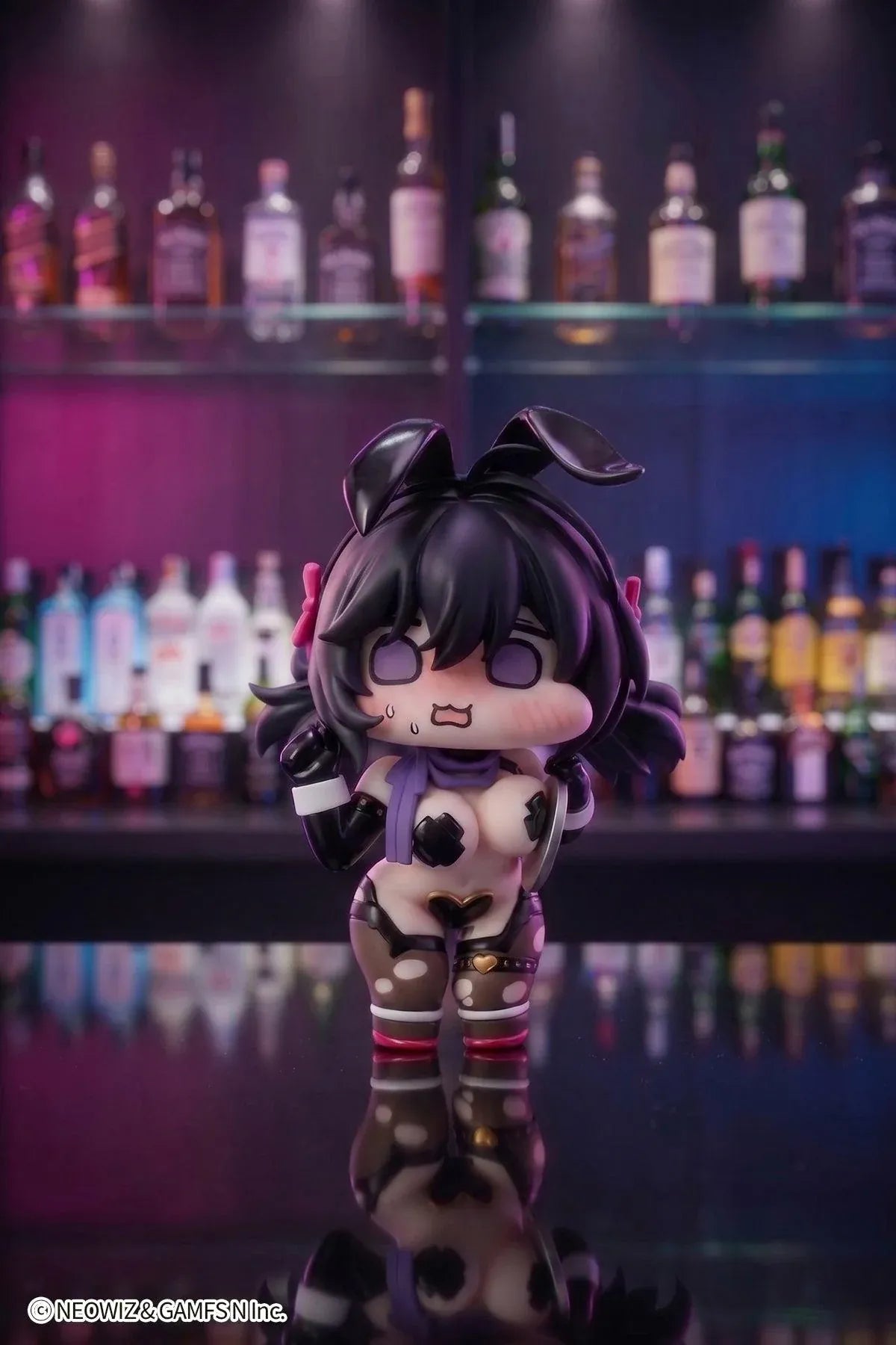 Brown Dust 2 Celebrity Bunny Loen-chan x illustration by JAZZ JACK Non Scale Figure featuring Loen-chan in a glossy black bunny-inspired outfit with purple scarf, twin-tail hair, and bunny ear accents.