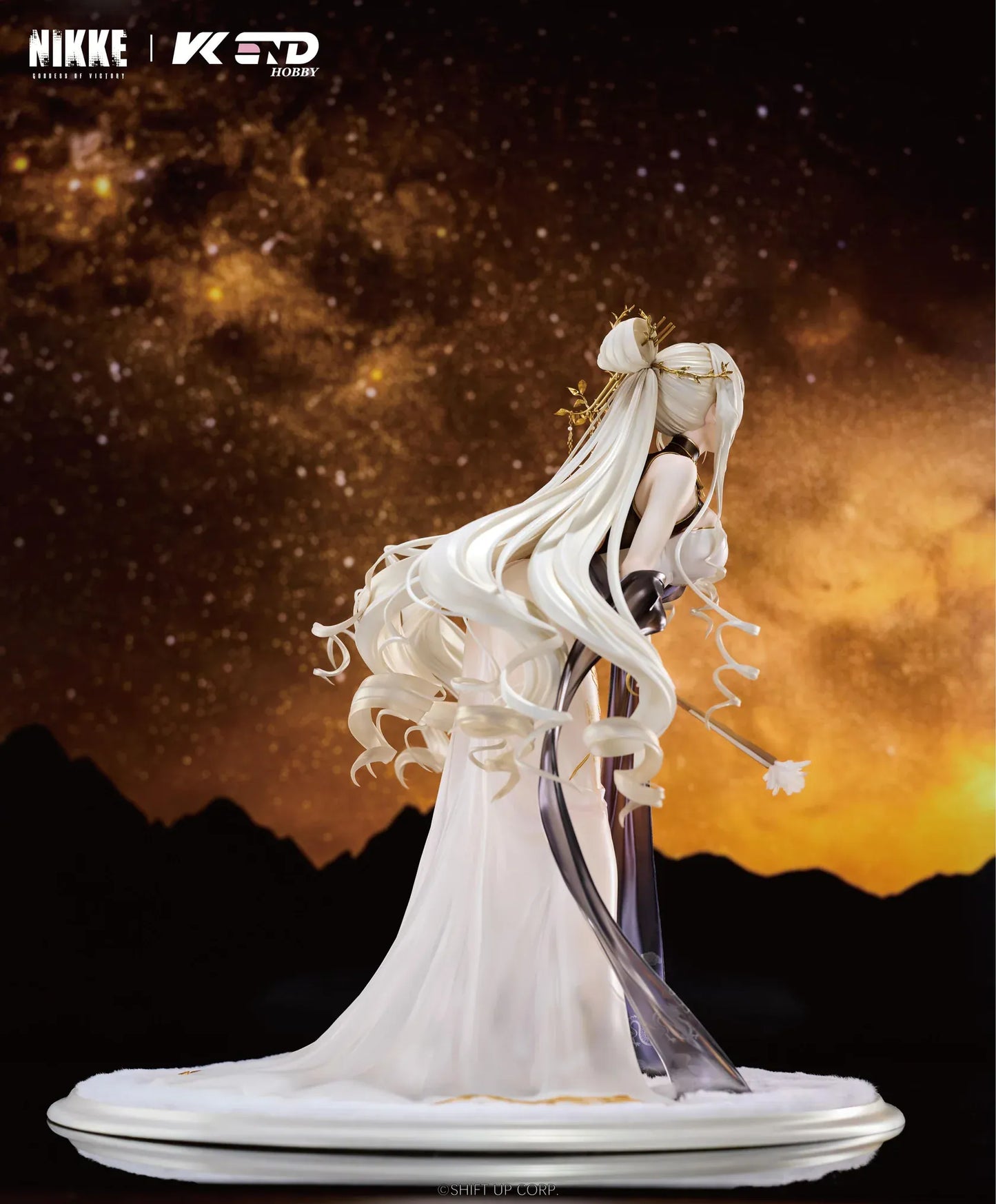 GODDESS OF VICTORY NIKKE Crown Glorious Flower 1/4 Scale Figure in an elegant white black and gold floral outfit