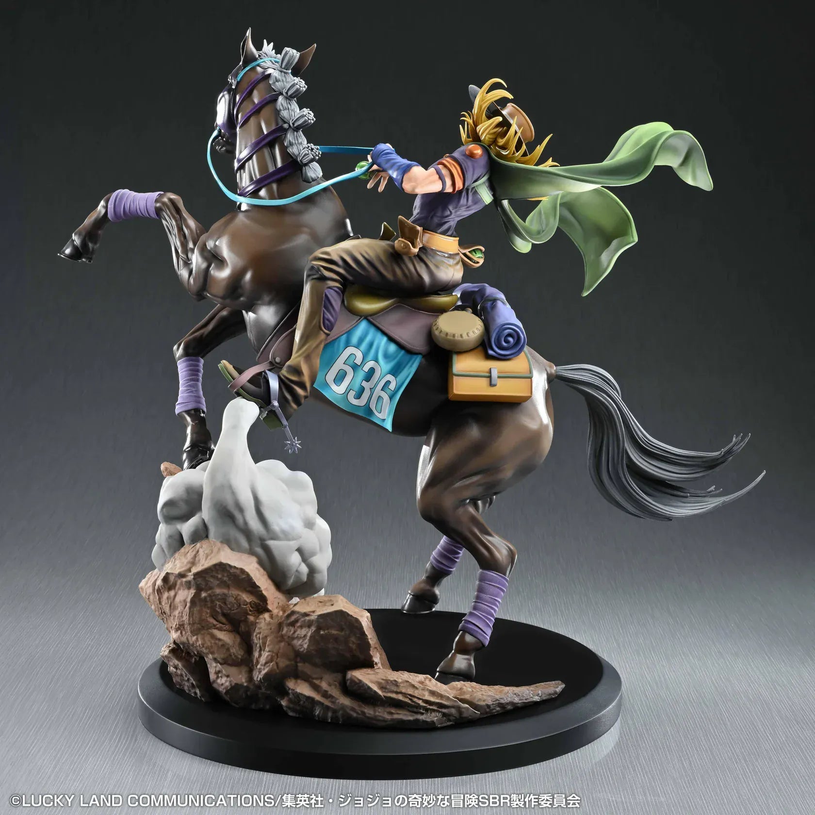 STEEL BALL RUN JoJo's Bizarre Adventure Gyro Zeppeli and Valkyrie figure featuring Gyro riding Valkyrie in a dynamic action pose with rocky effect base