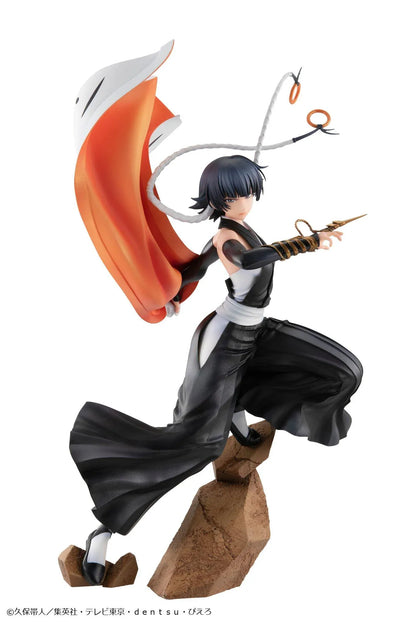 Bleach Gals Series Sui-Feng rerelease figure in a dynamic combat pose with her arm-mounted weapon, flowing uniform, and rocky base.
