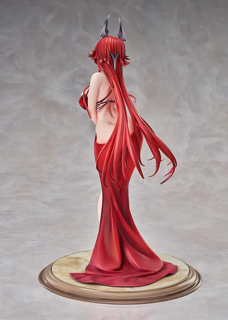 Scale figure of Red Hood from Goddess of Victory: Nikke wearing a red gown and jacket, standing on a decorative base.