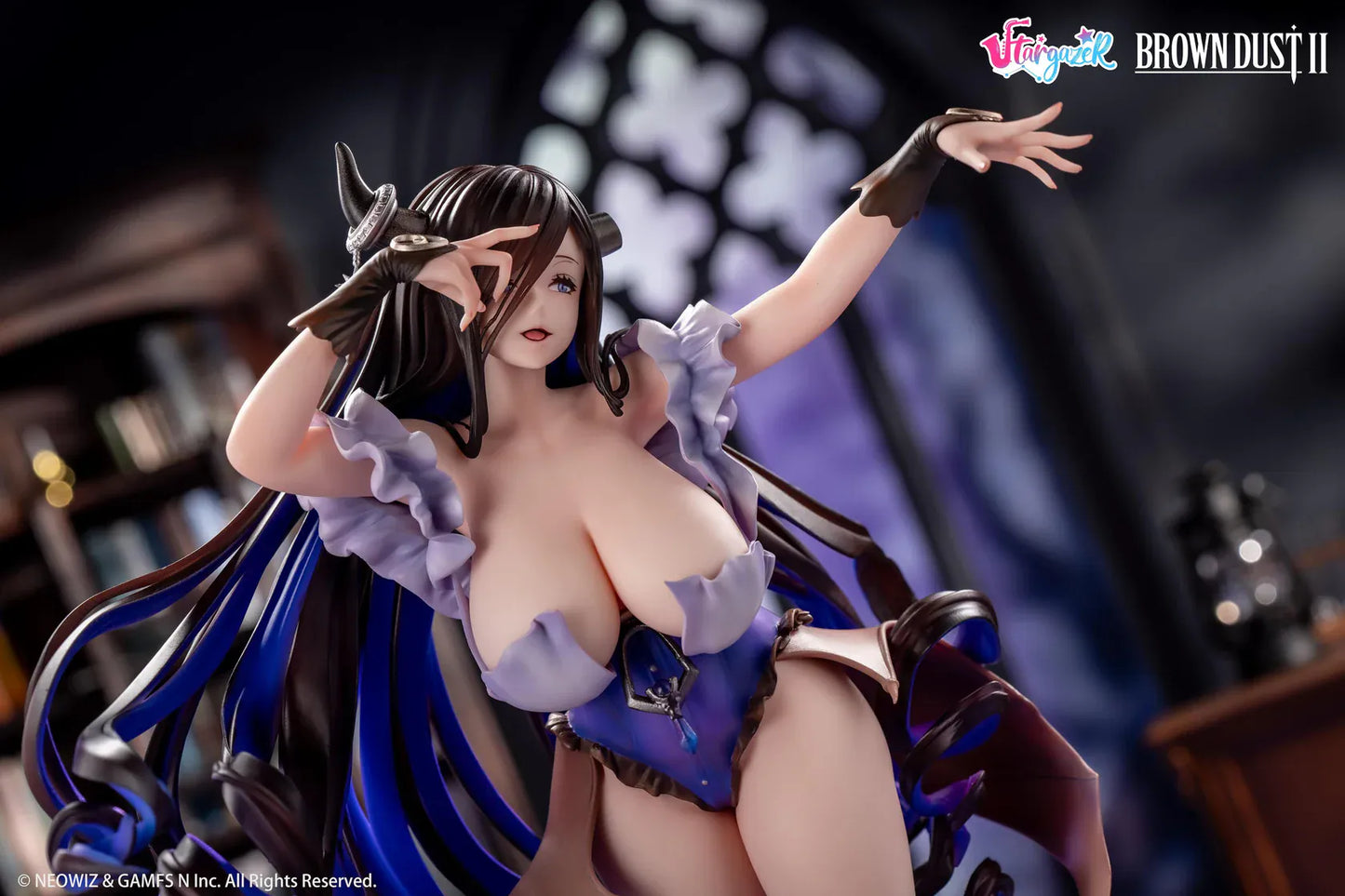 Brown Dust 2 Dimension Witch Eclipse Ver. 1/6 Scale Figure featuring Eclipse with long flowing dark hair, bat wing details, fantasy outfit, heart effect parts, and themed display base.