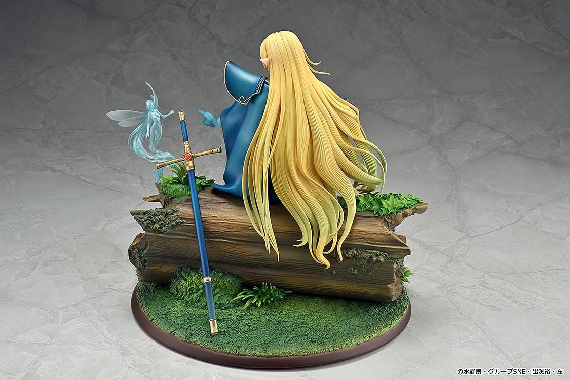 Record of Lodoss War Deedlit figure seated on a log in green clothing and blue armor, with flowing blonde hair, a winged companion, and a woodland base.