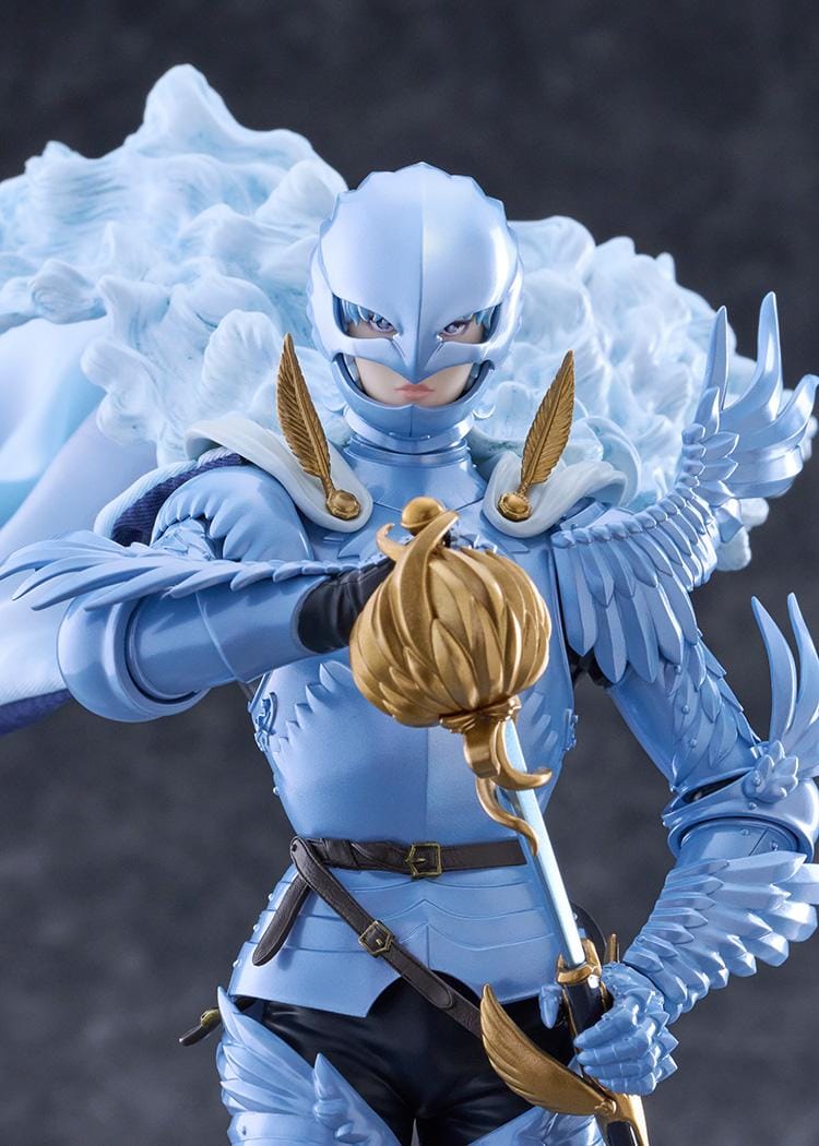 Berserk Griffith Falcon of Light figure in pale blue armor and helmet, with flowing pale hair, a billowing cape, and an ornate gold sword hilt.