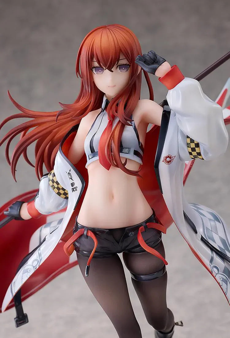 STEINS;GATE Kurisu Makise Racing Ver. set featuring a 1/7 scale figure on a road-inspired base and a matching seated plushie, both with red flags.