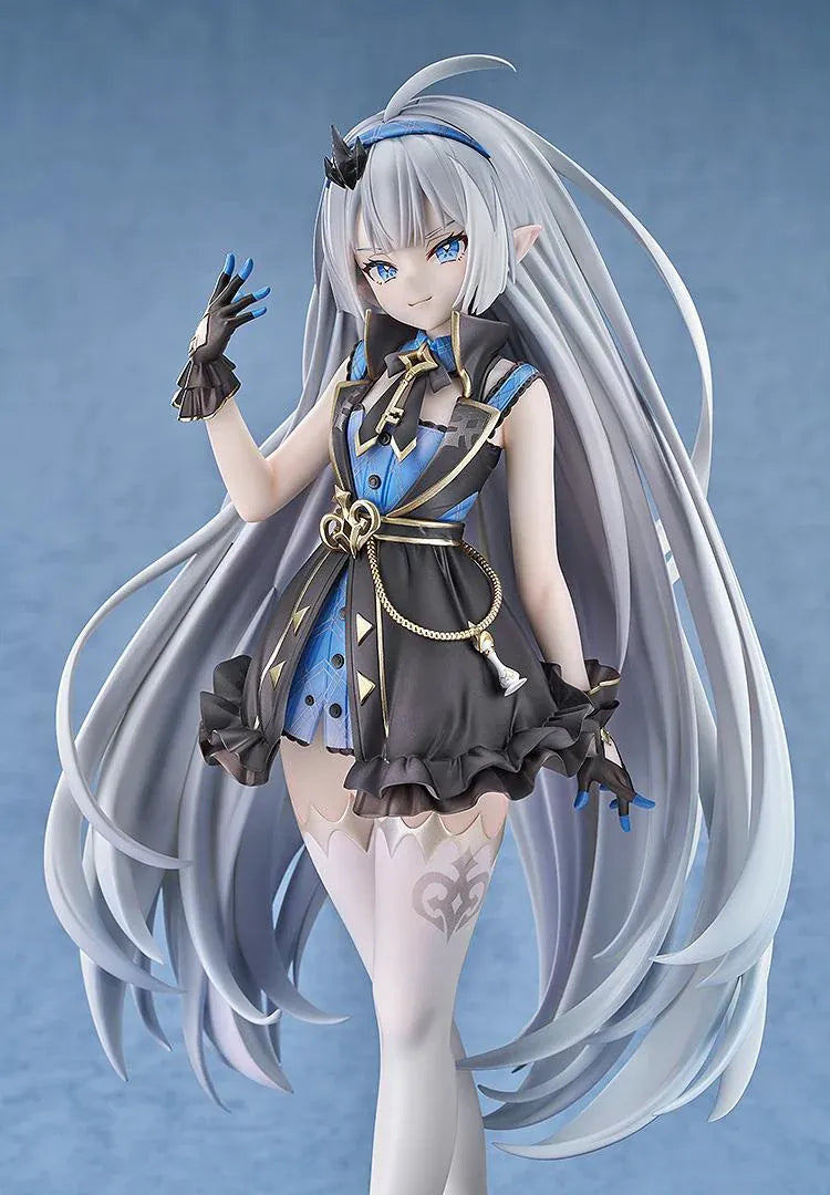 Stella Sora female Tyrant 1/7 scale figure with long silver-blue hair, a black-and-blue ruffled outfit, white stockings, and a blue display base.