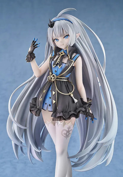 Stella Sora female Tyrant 1/7 scale figure with long silver-blue hair, a black-and-blue ruffled outfit, white stockings, and a blue display base.