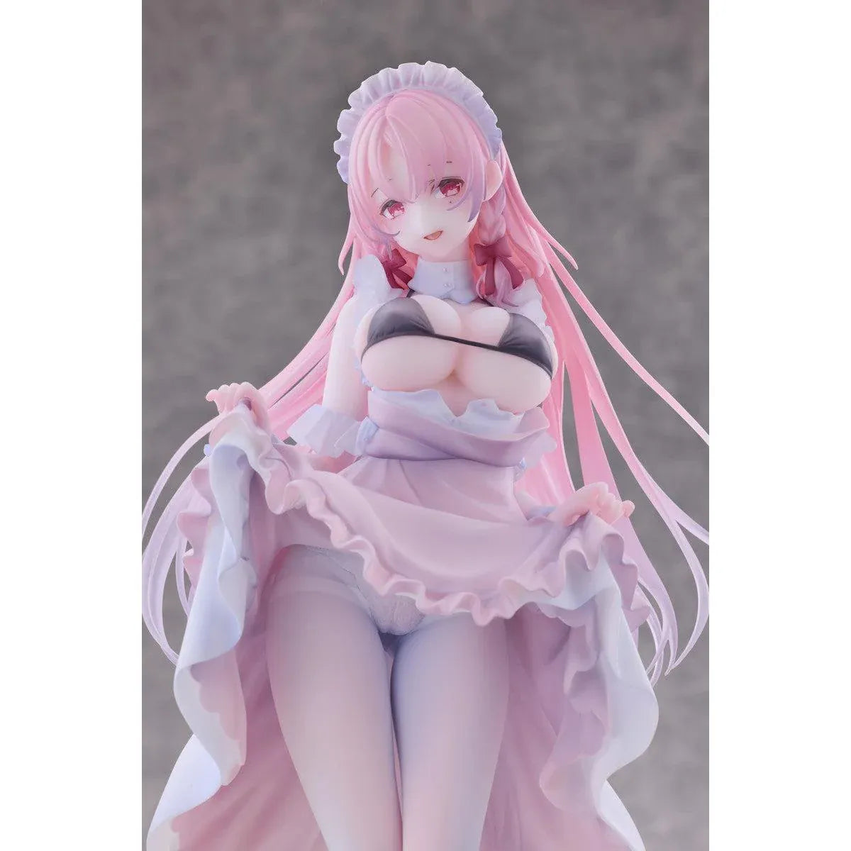 Maid Oneesan Cynthia Different Color Ver. 1/6 Scale Figure illustrated by Yukimiya Yuge, featuring a pink-haired anime girl in a frilly pink and white maid outfit with a black top, white stockings, and high heels.